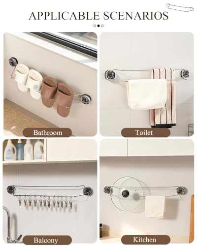 Suction Cup Towel Bar No Drill, Double Rod Bathroom Towel Holder | Vintage Floral Chrome, 65cm/25.6in Removable Vacuum Wall Mount Rack for Tile Glass and renters