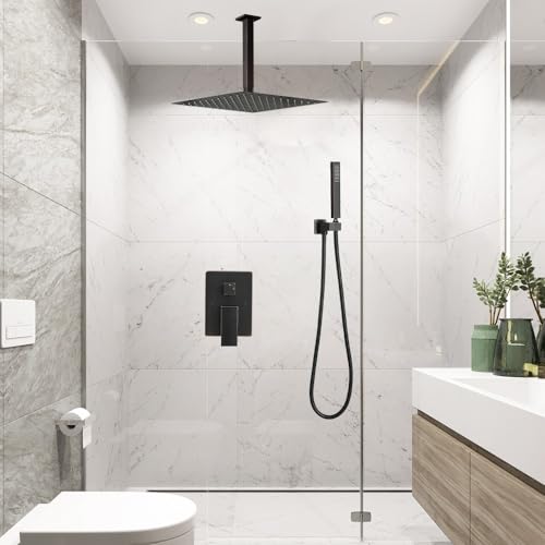 Oil Rubbed Bronze 10 Inch Rain Shower Head Ceiling Mount with Handheld, 59 Inch Hose, Mixer Valve, Bracket Holder, Rain Setting, 1 Handle, Brass, Stainless Steel, Shower Kit - color: Oil Rubbed Bronze, size: 10 Inch