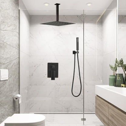 Oil Rubbed Bronze 10 Inch Rain Shower Head Ceiling Mount with Handheld, 59 Inch Hose, Mixer Valve, Bracket Holder, Rain Setting, 1 Handle, Brass, Stainless Steel, Shower Kit - color: Oil Rubbed Bronze, size: 10 Inch