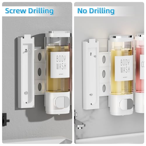 VITVITI Shampoo and Conditioner Dispenser for Shower Wall, Shower Soap Dispenser 3 Chamber No Drill Wall Mounted, 10.2 OZ Plastic Refillable Shower/Body Wash Bottles for Bathroom (White) - color: White