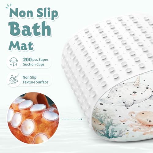 Baby Bath Mat for Tub Non Slip Kids, BPA Free Extra Long Bathtub Mat 40x16 with Drain Holes and 200 Suction Cups, Non Toxic Machine Washable Toddler Bath Mat, Eco-Friendly Certified - color: X-narwhal