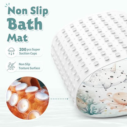 Baby Bath Mat for Tub Non Slip Kids, BPA Free Extra Long Bathtub Mat 40x16 with Drain Holes and 200 Suction Cups, Non Toxic Machine Washable Toddler Bath Mat, Eco-Friendly Certified - color: X-narwhal