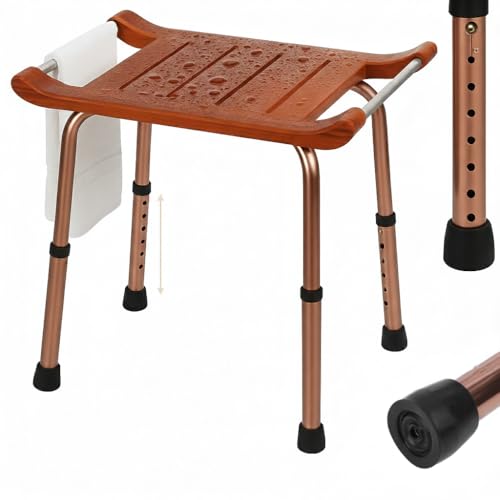 Teak Shower Bench with Handles, Waterproof Solid Wood Shower Stool, 7 Adjustable Shower Chair with Storage Towel Shelf & Drain Grooves, Easy Grip, Bathtub/Bathroom/Outdoor Use, 300 LBS