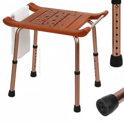 Teak Shower Bench with Handles, Waterproof Solid Wood Shower Stool, 7 Adjustable Shower Chair with Storage Towel Shelf & Drain Grooves, Easy Grip, Bathtub/Bathroom/Outdoor Use, 300 LBS
