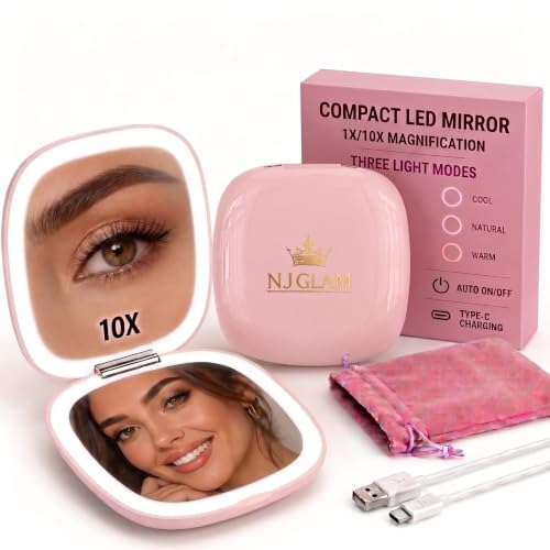 Lighted Compact Mirror, 1X /10X Magnification, 3.9" Portable Double Sided Light, Auto ON/Off, USB Charging, 3 Light Setting and Dimmable, Memory Touch Switch (Pink) - color: Pink
