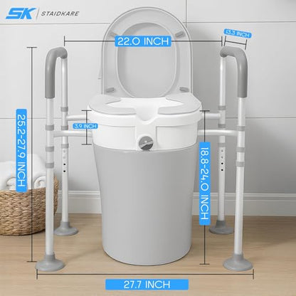 Toilet Seat Risers For Seniors 4-Legged Adjustable Raised Toilet Seat With Handles Thickened Aluminum Alloy Frame Toilet Riser Withhandles For Seniors for Elderly Disabled Medical (Grey & White).