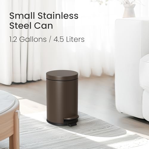 Cesun Small Round Bathroom Trash Can with Lid Soft Close, 1.2 Gal, Brown | Removable Inner Bucket, Stainless Steel Garbage Can for Bedroom/Office, Hands-Free Step Pedal, Fingerprint-Resistant - color: Brown