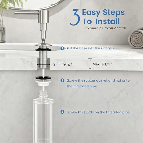 Soap Dispenser for Kitchen Sink, Built in Sink Soap Dispenser, Countertop Dish Soap Dispenser Stainless Steel Pump,Pure Copper Fuselage - color: Clear Glass