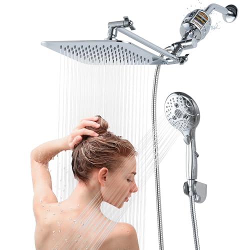 8'' Dual 20 Stage Filtered Shower Head with Handheld, 6 Spray Settings Handheld Shower Head High Pressure Rainfall Filter Combo with 12'' Adjustable Extension Arm, 71'' Shower Hose (Chrome Polished) - color: Chrome Polished, size: 8 Inch