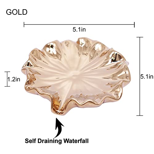 Lotus Leaf Soap Dish Gold Ceramic Soap Holder Self Draining Soap Dish Waterfall Slot Sponge Holder Bathroom Accessories for Bathroom, Kitchen,Bar Counter. - color: Gold
