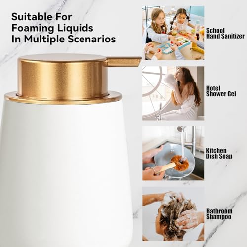 Foaming Soap Dispenser - 12 Oz White Ceramic Foam Hand Soap Dispenser for Bathroom, Face Wash Dispenser Bottle with Matte Golden Foam Pump, Refillable Dish Dispenser for Kitchen - color: White-golden