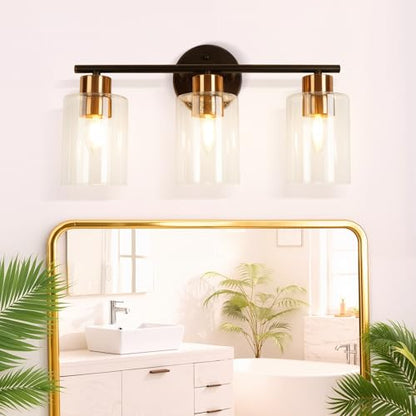 3-Light Black and Gold Bathroom Vanity Light Fixtures Over Mirror | Bathroom Wall Sconce, Clear Glass Shade, For Bathroom Bedroom Dressing Table Hallway, E26 Base - color: 3 Light Gold + Black