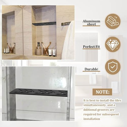 12 Inch Shower Niche Shelf Frosted Anodized Aluminum Finish Tile Insert | Rectangular Shelf for 12 Inch Tile Prefabricated Niches, Fits 1/8 Inch Grout Lines, Shower Niche Insert Frosted Anodized - size: Aluminum - Black