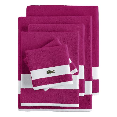 Lacoste Sport Stripe 6-Piece Luxury Cotton Towel Set – Made with 100% Soft Supima Cotton, Absorbent & Quick-Drying, Includes 2 Bath Towels, 2 Hand Towels, 2 Washcloths, Magenta - color: Magenta