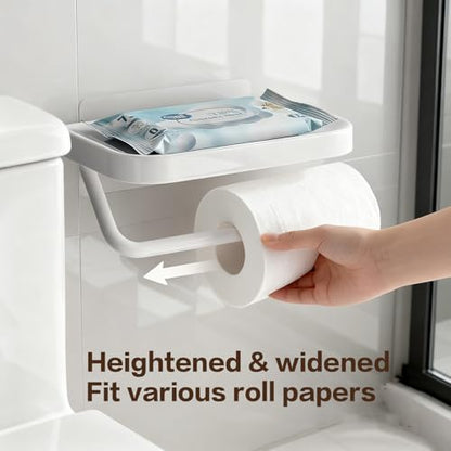 Self Adhesive Toilet Paper Holder with Shelf, No Drill Wall Mounted Bathroom Tissue Holder, Sticky TP Roll Holder with Phone Shelf for RV, White