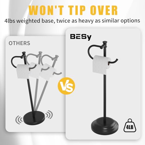 Toilet Paper Holder Floor Stand, Bathroom Freestanding Black | Toilet Tissue Roll Holder, Free Standing Rack with Storage, Weighted Base Accessories, SUS304 Stainless Steel Rustproof - color: Black