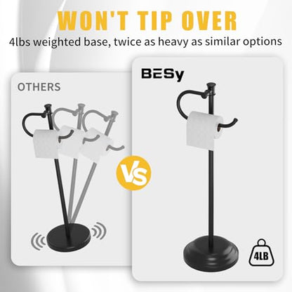 Toilet Paper Holder Floor Stand, Bathroom Freestanding Black | Toilet Tissue Roll Holder, Free Standing Rack with Storage, Weighted Base Accessories, SUS304 Stainless Steel Rustproof - color: Black
