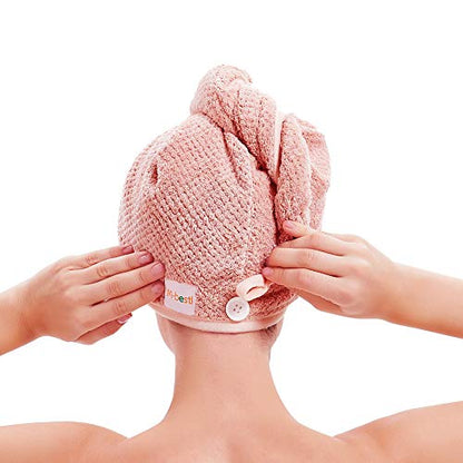 M-bestl 2 Pack Microfiber Hair Towel Wrap,Quick Dry,Anti-frizz(Pink&Beige) | Hair Drying Towel for Women with button,lightweight,Anti-frizz Absorbent hair Turban Towel for Long Thick Curly Hair - color: Beige&pink