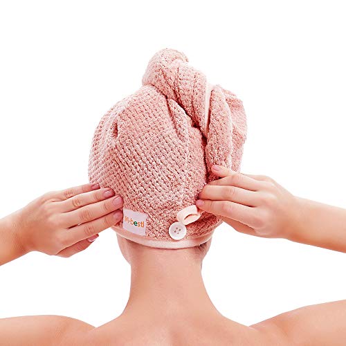 M-bestl 2 Pack Hair Drying Towels, Hair Wrap Towels, Absorbent Microfiber Hair Towel Turban with Button Design to Dry Hair Quickly(Coffee& Pink) - color: Coffee& Pink