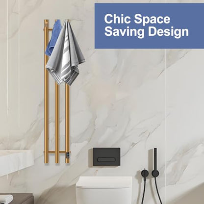 Electric Heated Towel Rack with Timer, Wall-Mounted Towel Warmer, 3 Vertical Bars, Plug-in or Hardwired, 37.4 Inch Height, Round Design (Gold) - color: Gold