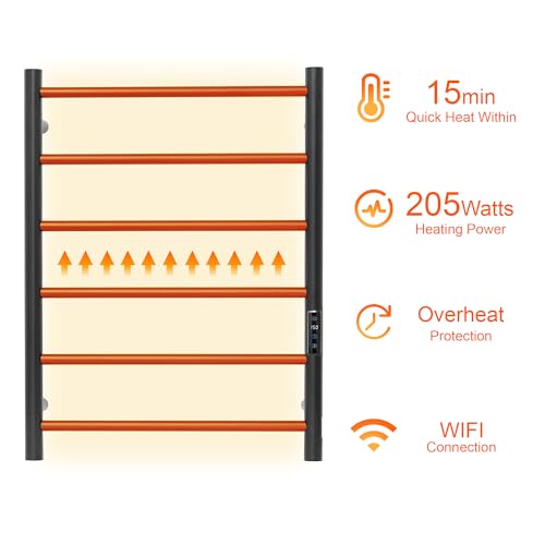 Electric Towel Rack with Voice Control for Alexa & Google Home,TUYA - Wall-Mounted Bathroom Heating Towel Warmer,Plug-in,Stainless Steel Material (Black with WiFi, 6 Bar)