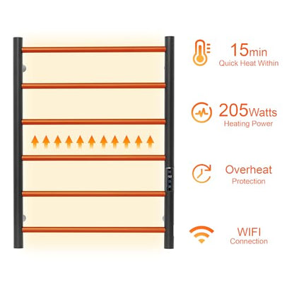 Electric Towel Rack with Voice Control for Alexa & Google Home,TUYA - Wall-Mounted Bathroom Heating Towel Warmer,Plug-in,Stainless Steel Material (Black with WiFi, 6 Bar)