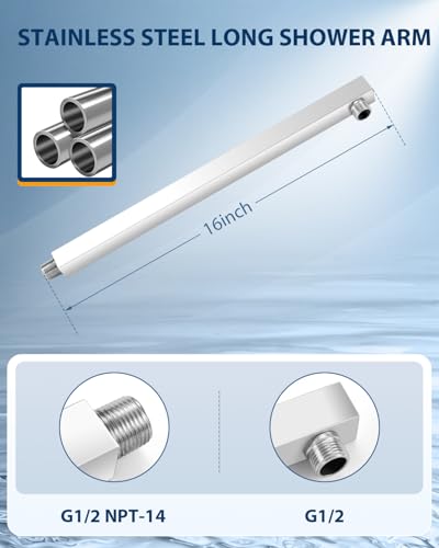 Rain Shower Head with Extension Arm Polished Chrome, 12" Rainfall Square Showerhead with 16" Shower Arm All Stainless Steel, 144 Outlets Waterfall Full Body Coverage - color: Chrome Polished
