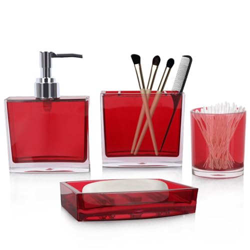 LGURT 4-Pc Red Bathroom Accessories Set — Dispenser, Organizer, Dish & Cup | Acrylic, Divided Storage Decor, Vanity Countertop, Gift-Ready Essentials - color: Bold Red