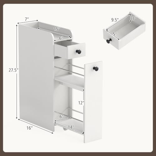 Giantex Slim Bathroom Storage Cabinet, Space-saving Toilet Side Cabinet with Slide-out Drawers on 3 Wheels, Freestanding Narrow Toilet Paper Holder for Living Room, Laundry Room, Compact Space (White) - color: White