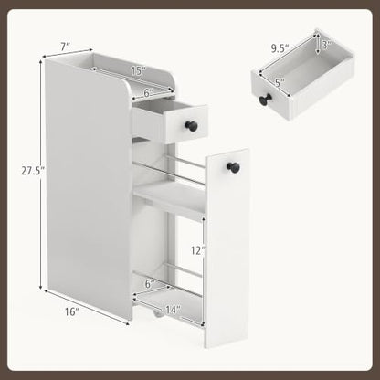 Giantex Slim Bathroom Storage Cabinet, Space-saving Toilet Side Cabinet with Slide-out Drawers on 3 Wheels, Freestanding Narrow Toilet Paper Holder for Living Room, Laundry Room, Compact Space (White) - color: White