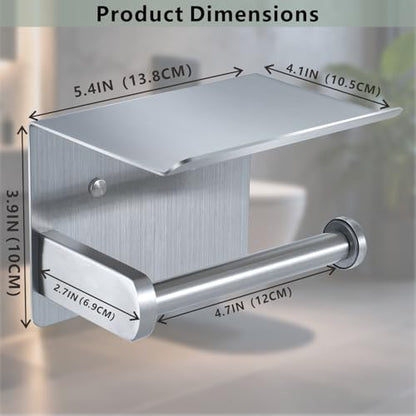 Toilet Paper Holder with Shelf, Heavy-Duty Stainless Steel Bathroom Hardware, Self-Adhesive No-Drill/Drill-Mount Wall-Mounted Roll Holder, Rust-Proof Bathroom Tissue Rack(Brushed Nickel) - color: Brushed Nicke