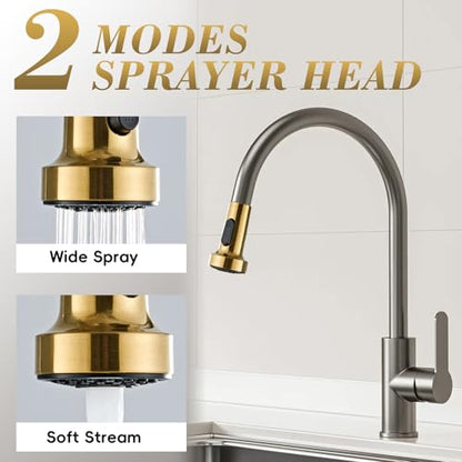 Kitchen Faucet Head Replacement, Pull Down Spray Head with 2 Spray Modes, High Pressure Faucet Sprayer, Universal Sink Spray Head Replacement (Brushed Gold) - color: Pull-Down Spray Head - Gold
