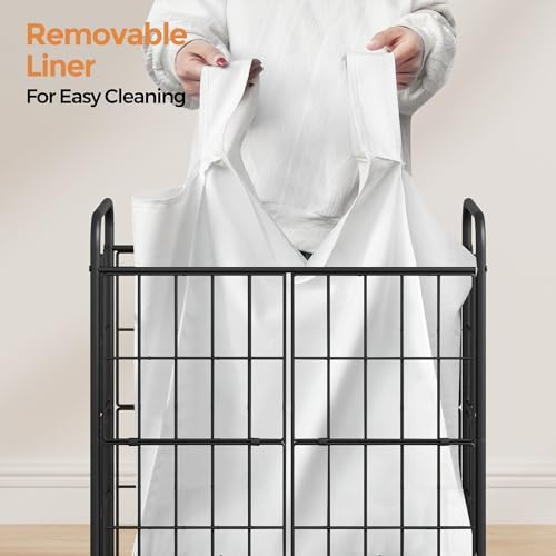 100L 2-Section Laundry Hamper with Wheels, Laundry Basket with Liner Bag | Lockable Casters; Divided Removable Liner; Reinforced Steel Frame; Metal Handle - color: White, size: 100L-2 Sections