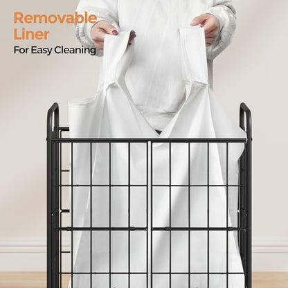100L 2-Section Laundry Hamper with Wheels, Laundry Basket with Liner Bag | Lockable Casters; Divided Removable Liner; Reinforced Steel Frame; Metal Handle - color: White, size: 100L-2 Sections