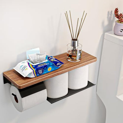 Double Toilet Paper Holder with Wide Solid Wood Shelf | 16" x 5.31" Double Roll Holder Fits Phone & Large Wipes Storage | Rust-Resistant for Rustic Farmhouse Bathrooms Organizer - color: Black