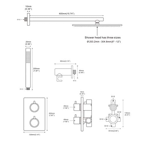 Shower System, Wall Mounted Thermostatic Control Mixing Valve Brushed Gold Taps Set with 8-12 Inch Round Rainfall Head and Handheld Shower, Luxury Se,10 inch
