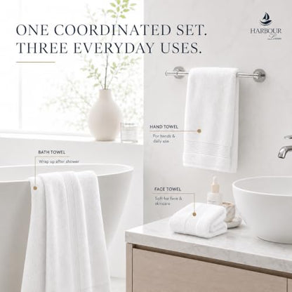 Towel Set for Bathroom, 3 Piece Turkish Cotton Bath Hand and Wash Towels | Mixed size set in Ice White, 600 gram weight. Double stitched hems suit family and guest use. - color: Ice White