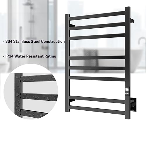 Heated Towel Rack, 8-Bar Wall Mount, Matte Black Stainless Steel | 304 stainless steel, 115-155°F adjustable, 1-24H auto shut-off timer, plug-in or hardwired, 160W, fits bath towels and robes - color: Matte Black