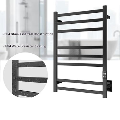 Heated Towel Rack, 8-Bar Wall Mount, Matte Black Stainless Steel | 304 stainless steel, 115-155°F adjustable, 1-24H auto shut-off timer, plug-in or hardwired, 160W, fits bath towels and robes - color: Matte Black