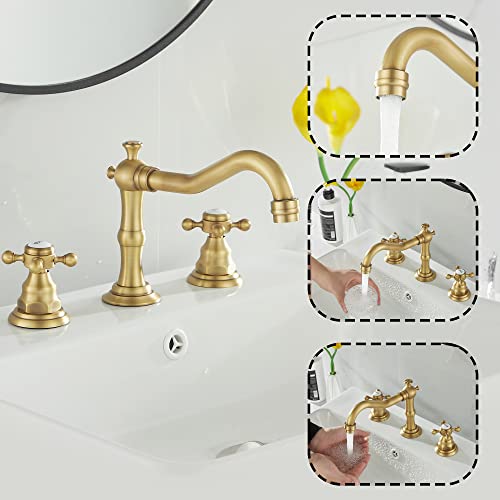 2 Handles 3 Holes Faucet Widespread Bathroom Sink Faucet Antique Brass Basin Tap Mixer Supply Hose Included Matching Metal Pop Up Drain - color: Antique Brass, style: Ceramic Cover