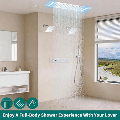 Chrome Ceiling 20x14 inch LED Shower Faucet Set,Temperature Display Thermostatic Shower Valve,Two 8-inch Wall Mounted Shower Heads and Handheld - color: Chrome