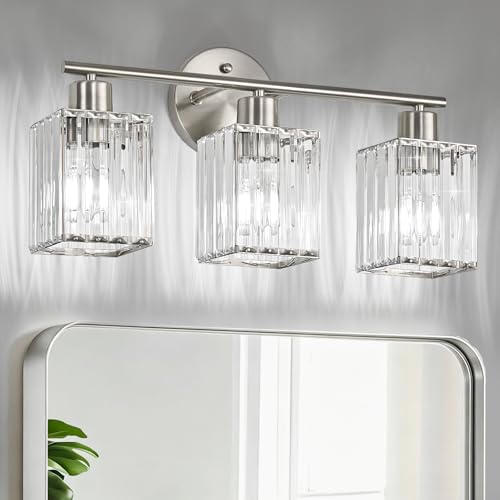 3 Light Bathroom Light Fixtures, Modern Crystal Vanity Lights over Mirror | Metal Frame, Bathroom Light with Square Crystal Shade, ETL Certified, E26 Ceramic Socket, Bulbs Not Included - color: Brushed Nickel, size: 3-Light