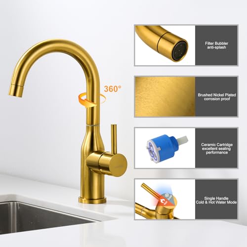 WOWOW Brushed Gold Bar Sink Faucet Single Hole Bar Faucet 1 Handle Small Kithcen Faucet for Wet Bar and RV Sink - color: Brushed Gold