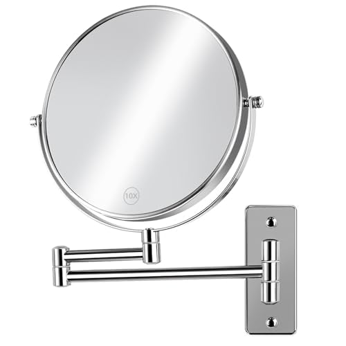 8 inch Wall Mounted Makeup Mirror, 1X/10X Magnifying Double-Sided Wall Mount Shaving Mirror (Close-Up 10X) with Extendable Arm, 360° Swivel for Bathroom Vanity, Chrome (No Light) - color: Chrome