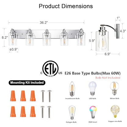 5-Light Bathroom Light Fixtures Modern Chrome Vanity Lights | Easy to Install Clear Glass Shades, Wall Mount Up or Down, E26 Socket, Hardwired, 128V - color: Chrome, size: 5 Lights