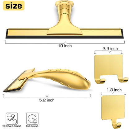 All-Purpose Shower Squeegee for Shower Glass Doors with 2 Adhesive Hook, Stainless Steel Squeegee for Bathroom, Household Window, Mirrors, Tiles and Car Windows 10 Inches, Clear, Golden