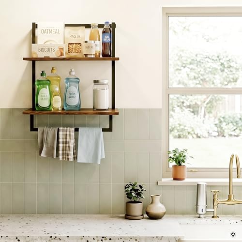 Wall Mounted Towel Rack for Bathroom Rustic Brown | Bath Storage Holder, 3-Tier 15.7" Wide, Steel Wood Towel Shelf with Bar - color: Rustic Brown