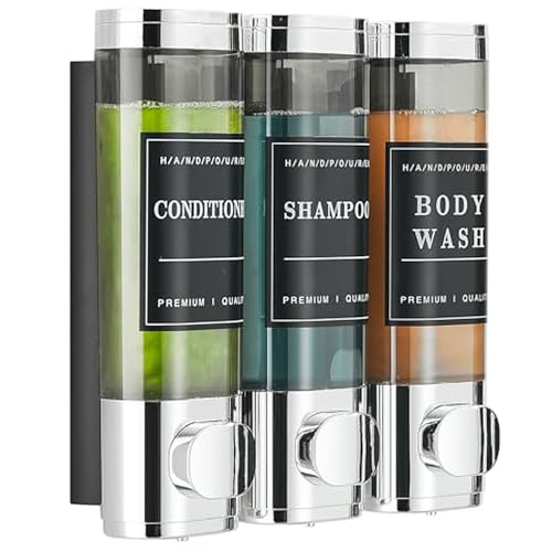 Shower Soap Dispenser Wall Mounted No Drill Shampoo Dispenser for Shower Wall Shampoo and Conditioner Dispenser Bathroom Hotel 3 * 300ml Chrome with Labels - color: Chrome