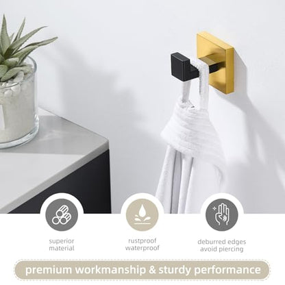 Angle Simple Towel Hook Black & Gold, Bathroom Square Robe Coat Hook | SUS304 Stainless Steel, Kitchen Hand Towel Holder, Shower Bathrobe Hanger, Screw Mount - color: Black & Gold, size: 1 Pack