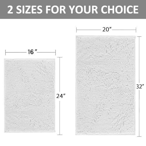 White Bathroom Rugs and Mats Set, 2 Piece Chenille Bath Mat Set, Machine Wash Dry, Non Slip Absorbent Shaggy Bath Rug for Bath Room, Shower and Tub (20" x 32"+16" x 24") Bathroom Rug St Accessories - color: White